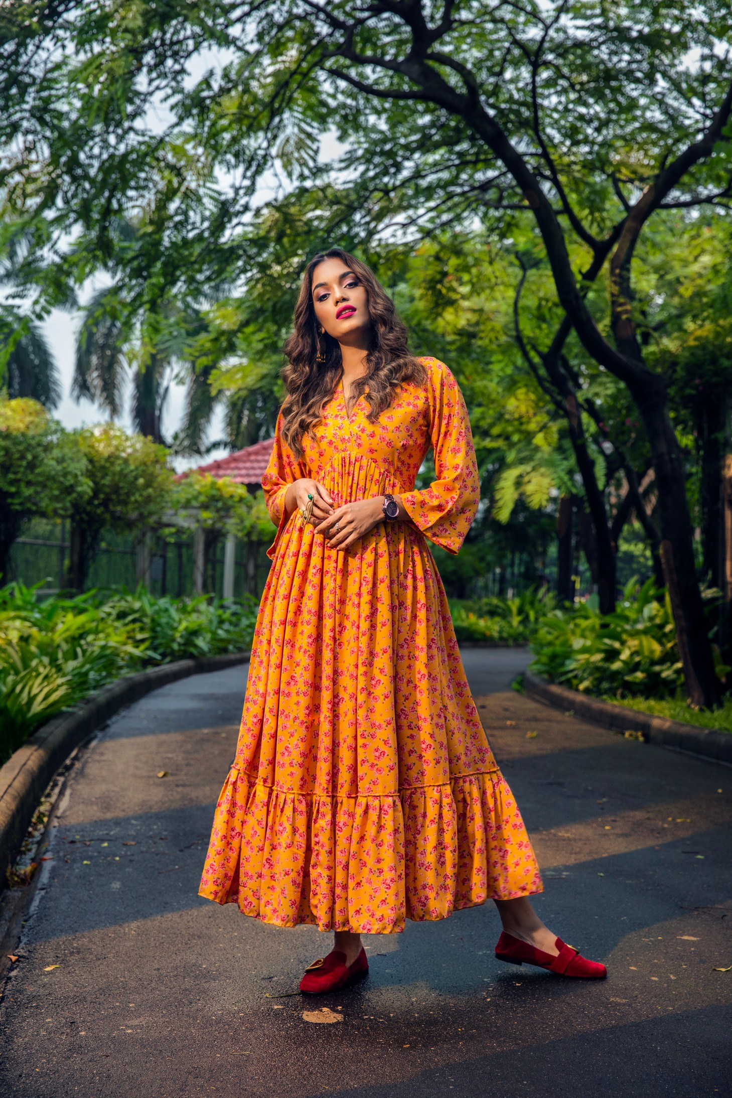 Orange Floral and geometric pattern dresses for summer