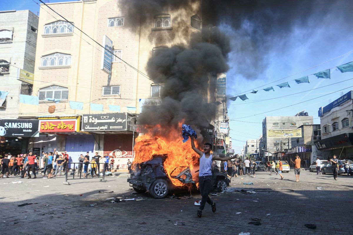 Israeli vehicle on fire in Gaza 7 October 2023