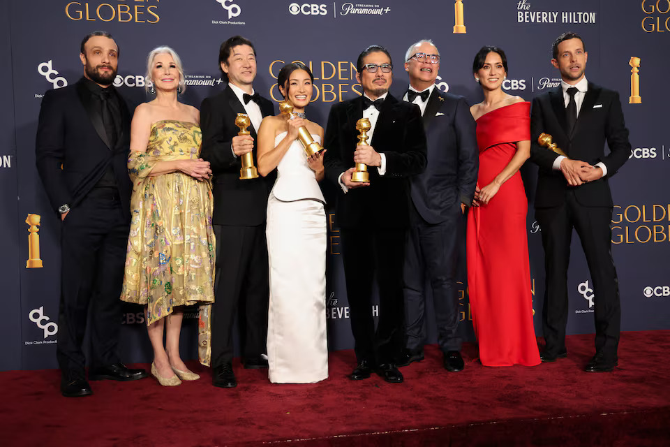 Cosmo Jarvis, Michaela Clavell, Tadanobu Asano, Anna Sawai, Hiroyuki Sanada, Rachel Kondo and Justin Marks, winners of the Best Television Series - Drama Award for "Shogun," pose at the 82nd Golden Globe Awards in Beverly Hillsjpg