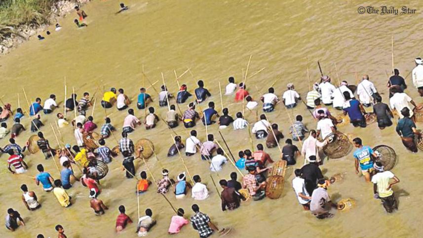 Villagers scooping up fish