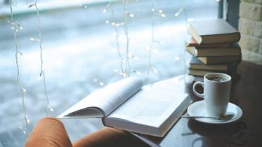 rain cofee and book