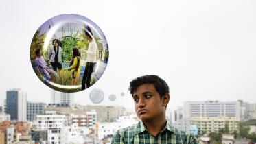 A young boy thinking about how his friends might be hanging out without him represented through a thought bubble.